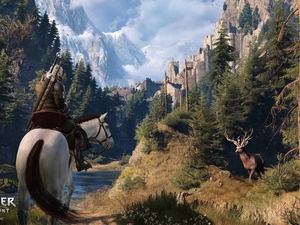 woods, The Witcher 3: Wild Hunt, fortress, Horse, game, deer, peaks