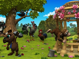 Rabbit, Farmerama, Bird, rooster, game, Monkey, trees