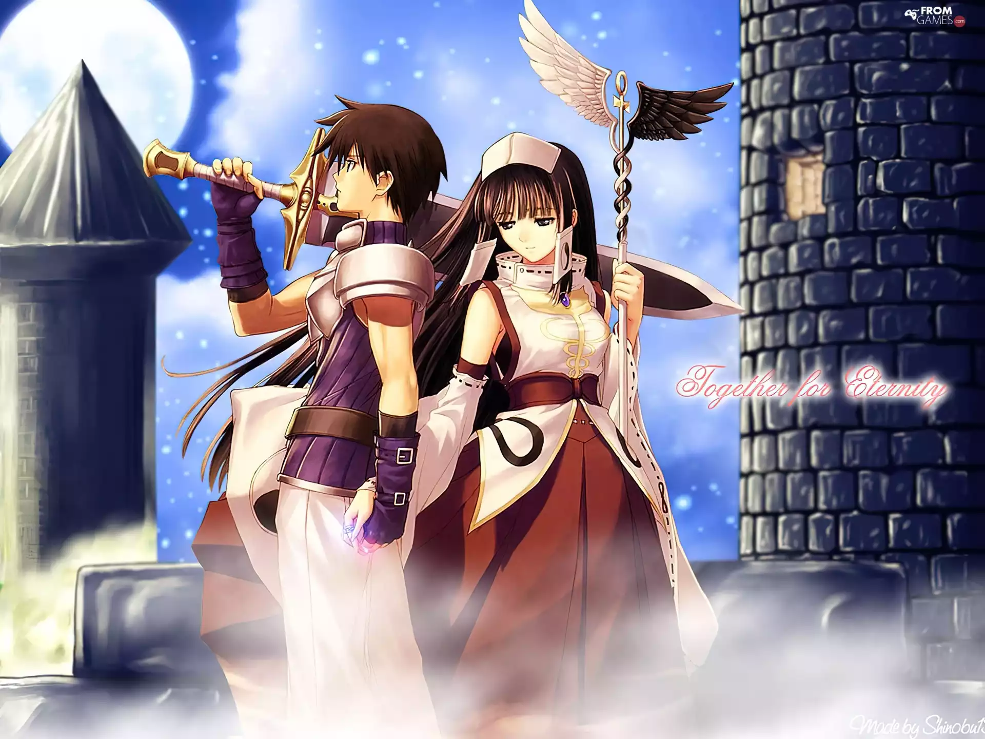 a man, Characters, sword, Women, Shining Tears, Castle, tower