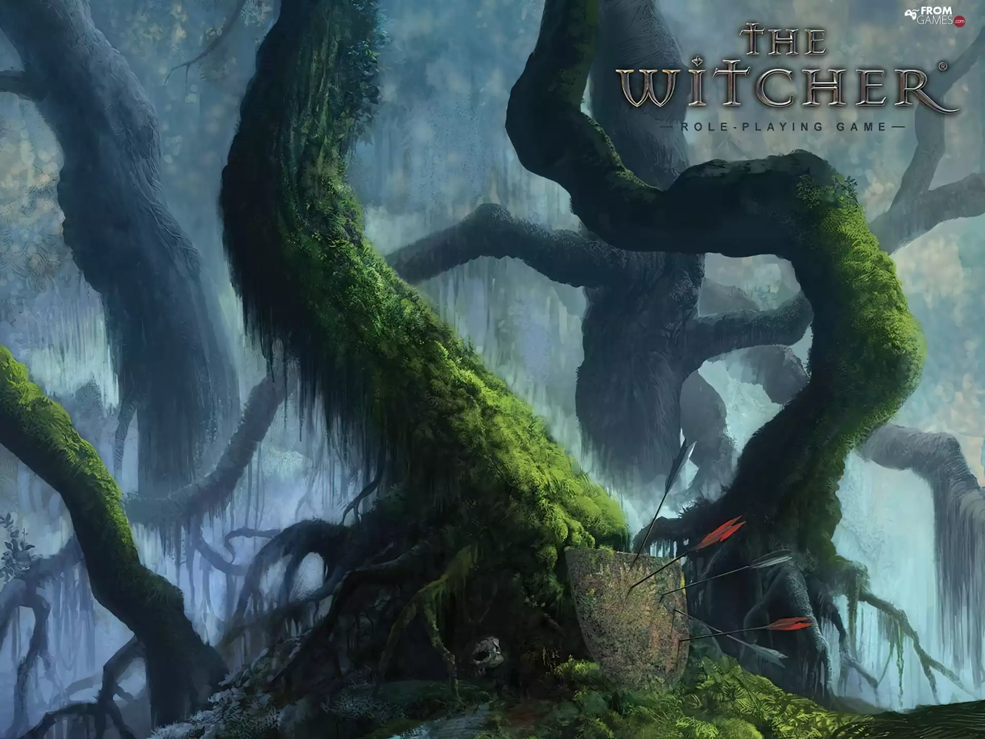 trees, forest, Shield, arrows, the witcher