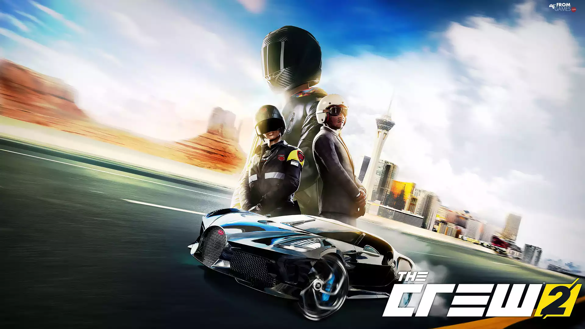 Automobile, Bugatti, poster, driver, skyscrapers, The Crew 2, game, freeway