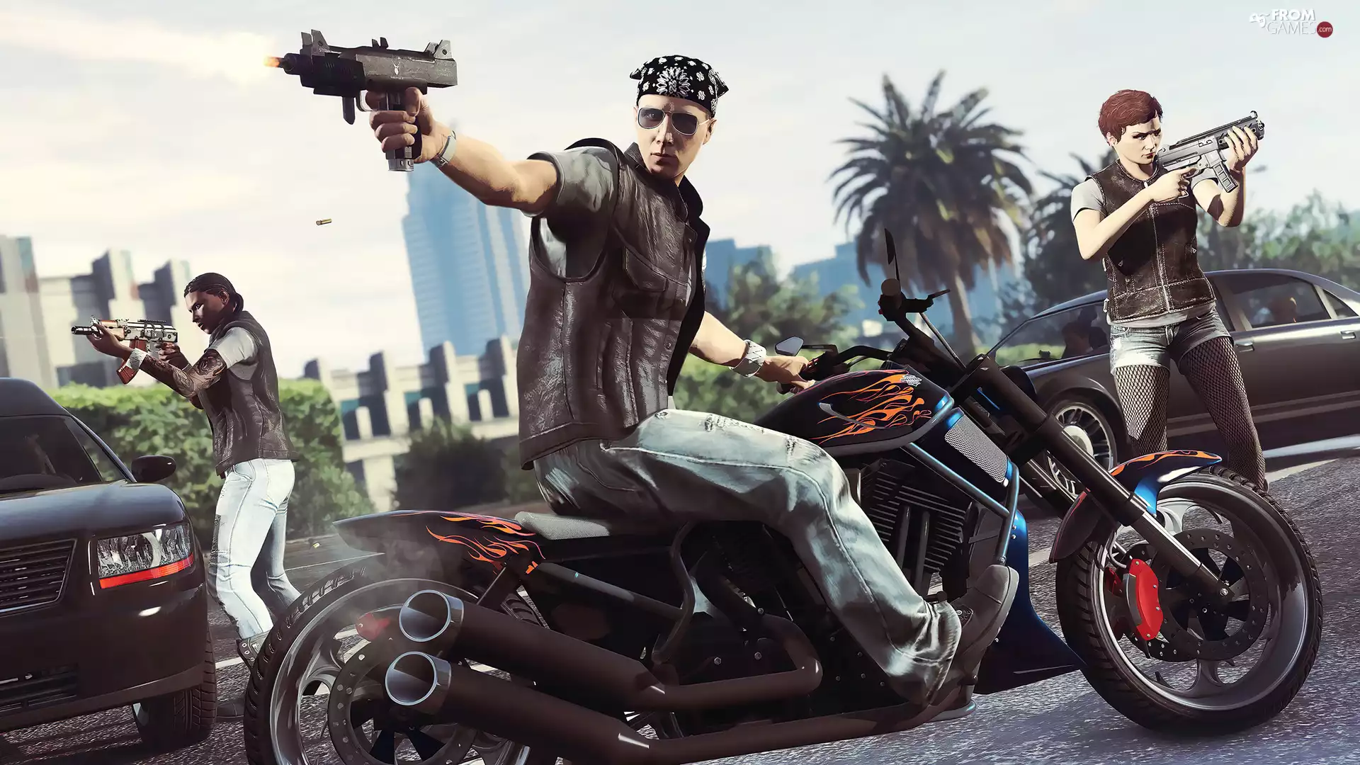 GTA 5, motor-bike, cars, men, Fight, Grand Theft Auto 5, game, Weapons