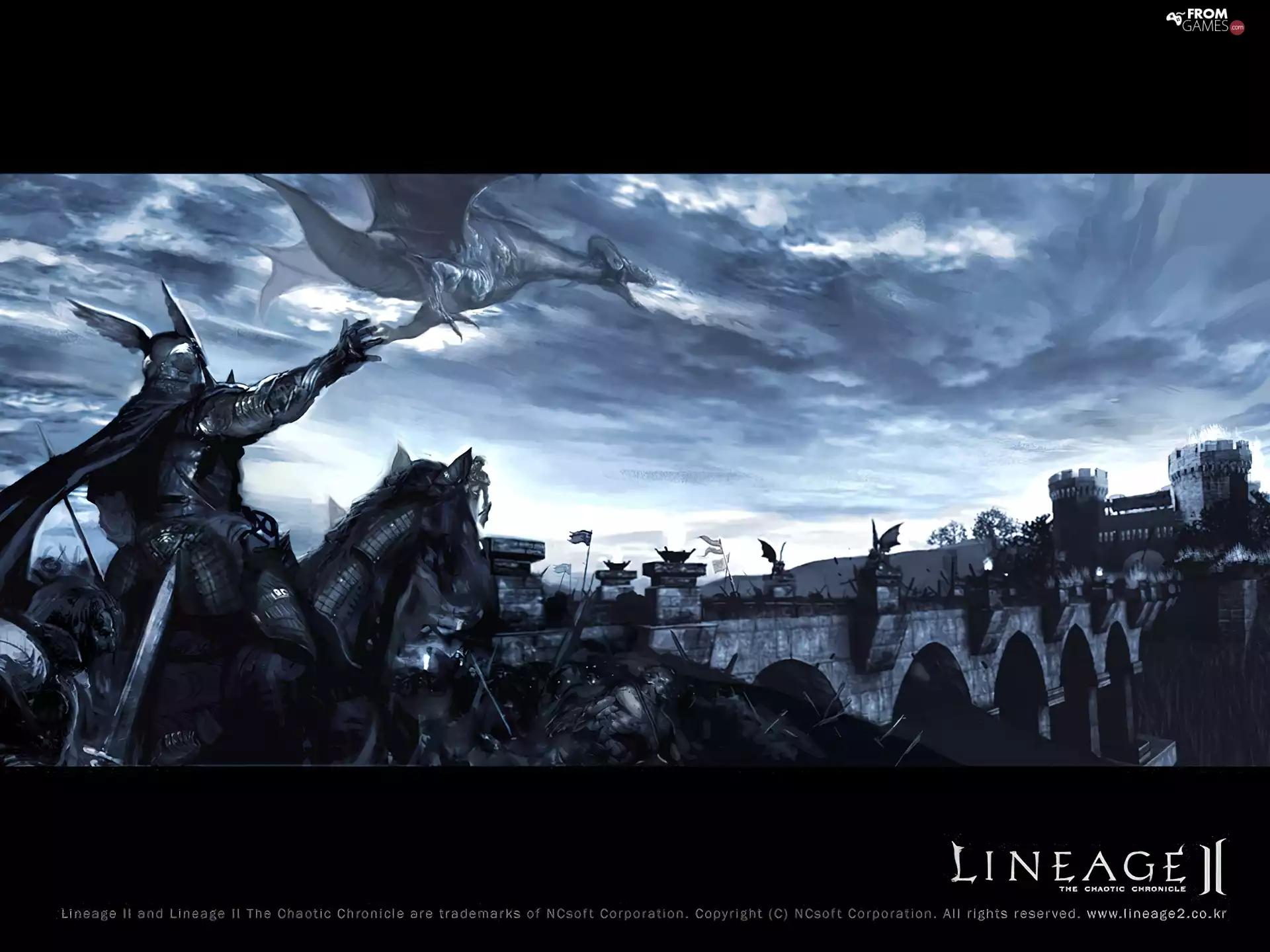 rider, Lineage 2, bridge, Castle, Horse, Dragon