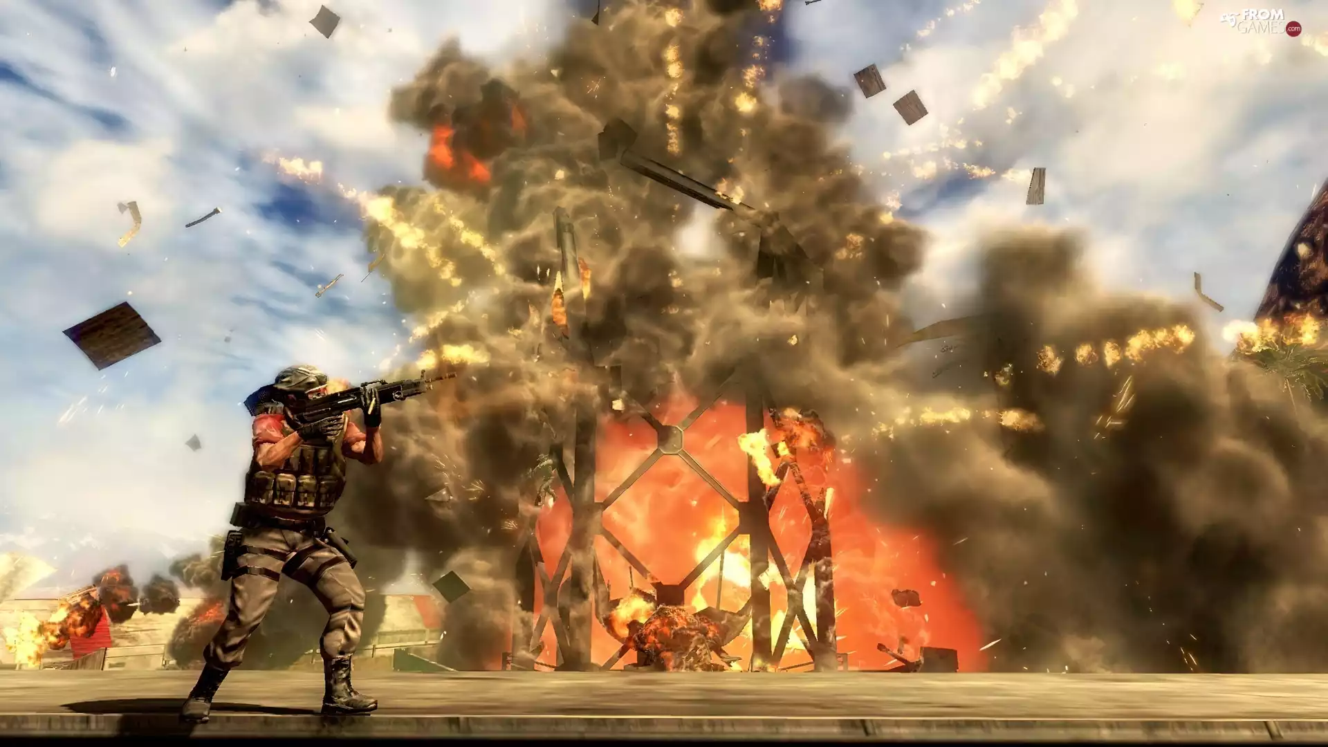 Just Cause, fire, soldier, explosion