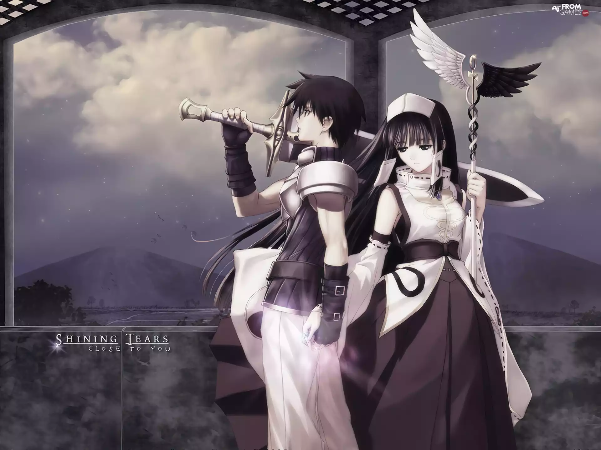 Women, Shining Tears, sword, mountains, a man, Characters