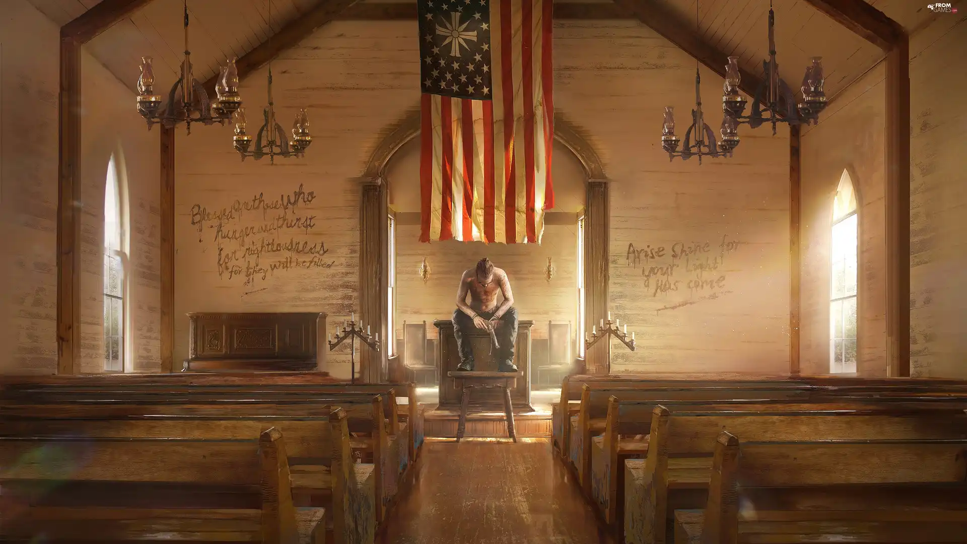 bench, interior, flag, Church, Far Cry 5