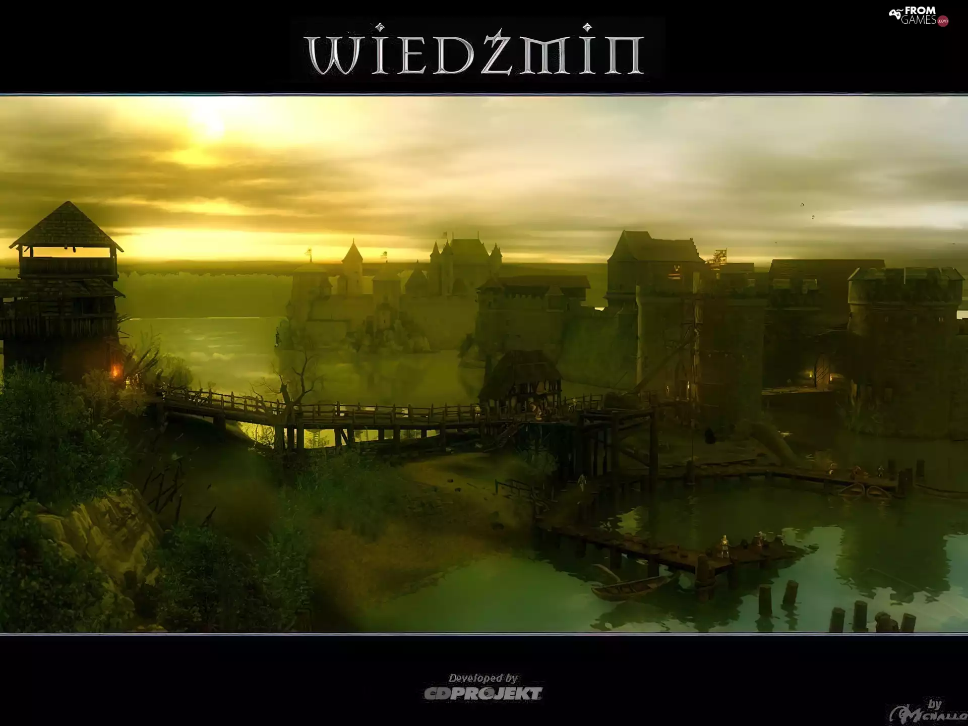 bridge, the witcher, clouds, sun, lake, village