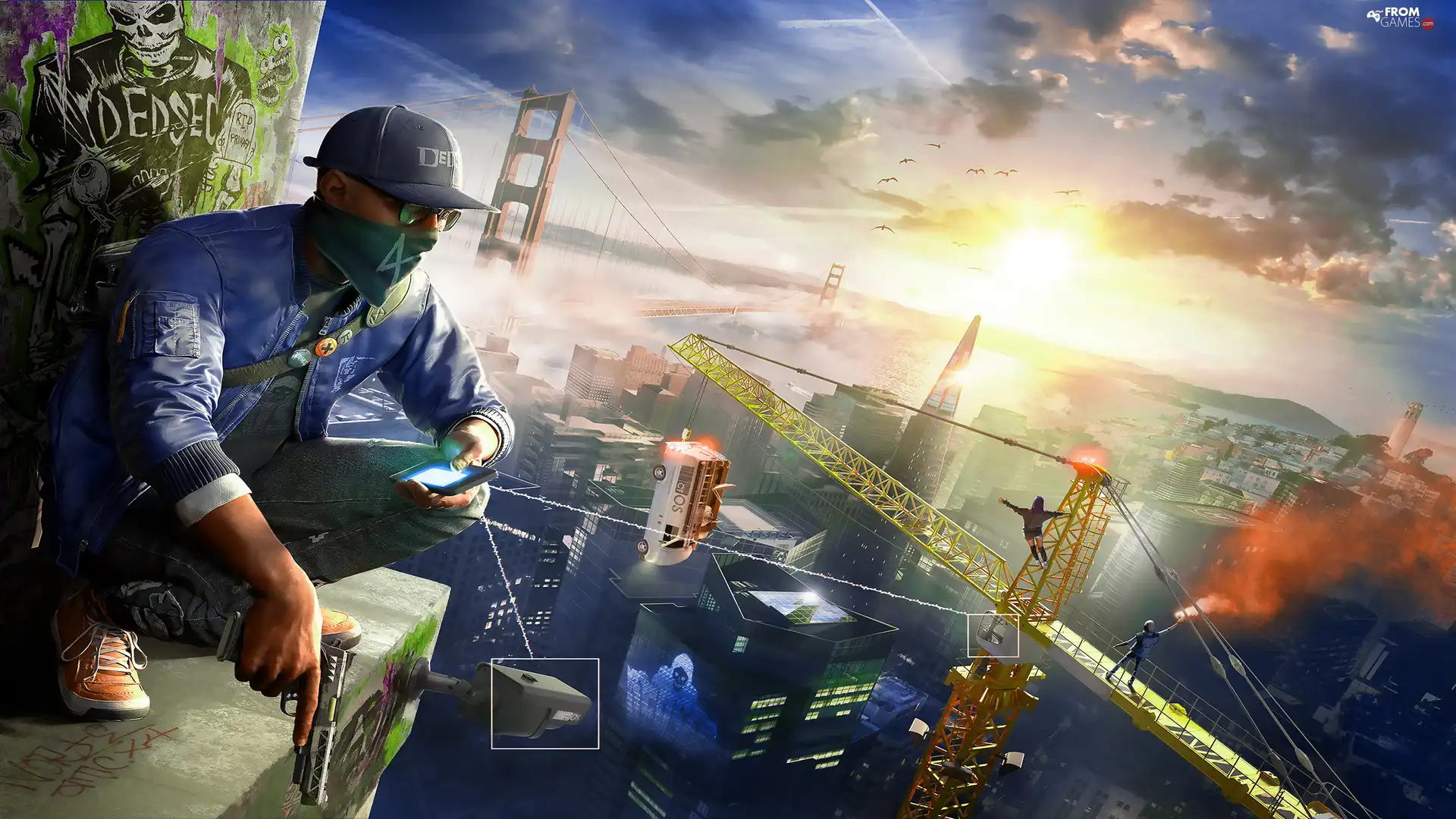 game, a man, crane, Watch Dogs 2