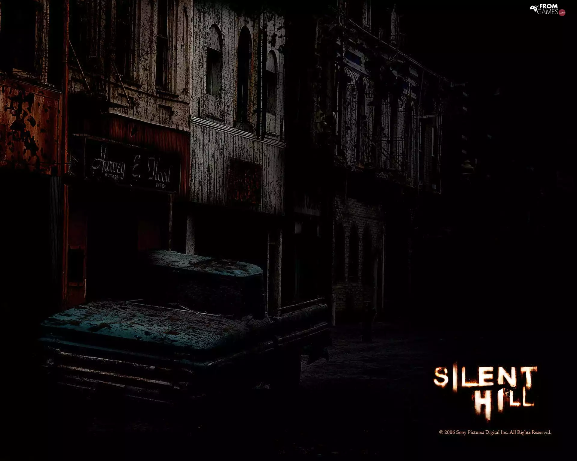 Pickup, blood, buildings, dark, Silent Hill