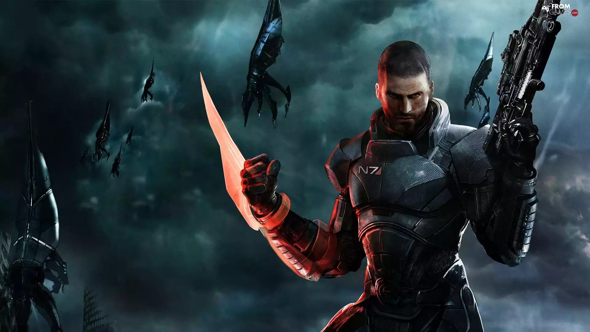 Mass Effect, harvester, gun, Shepard