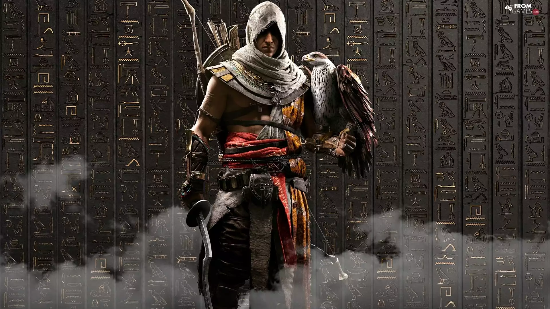 wall, Hieroglyphics, Bayek, falcon, Assassins Creed : Origins