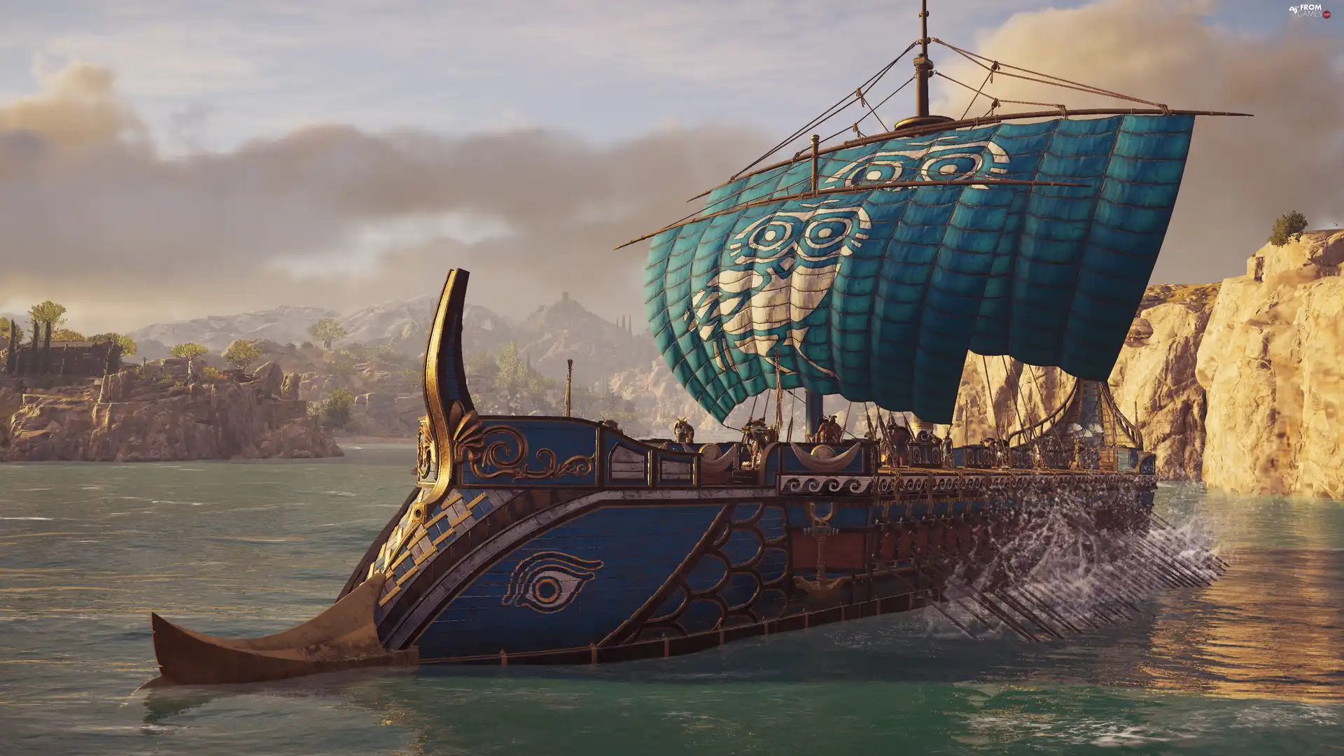 sea, rocks, Assassins Creed Odyssey, sailing vessel, game