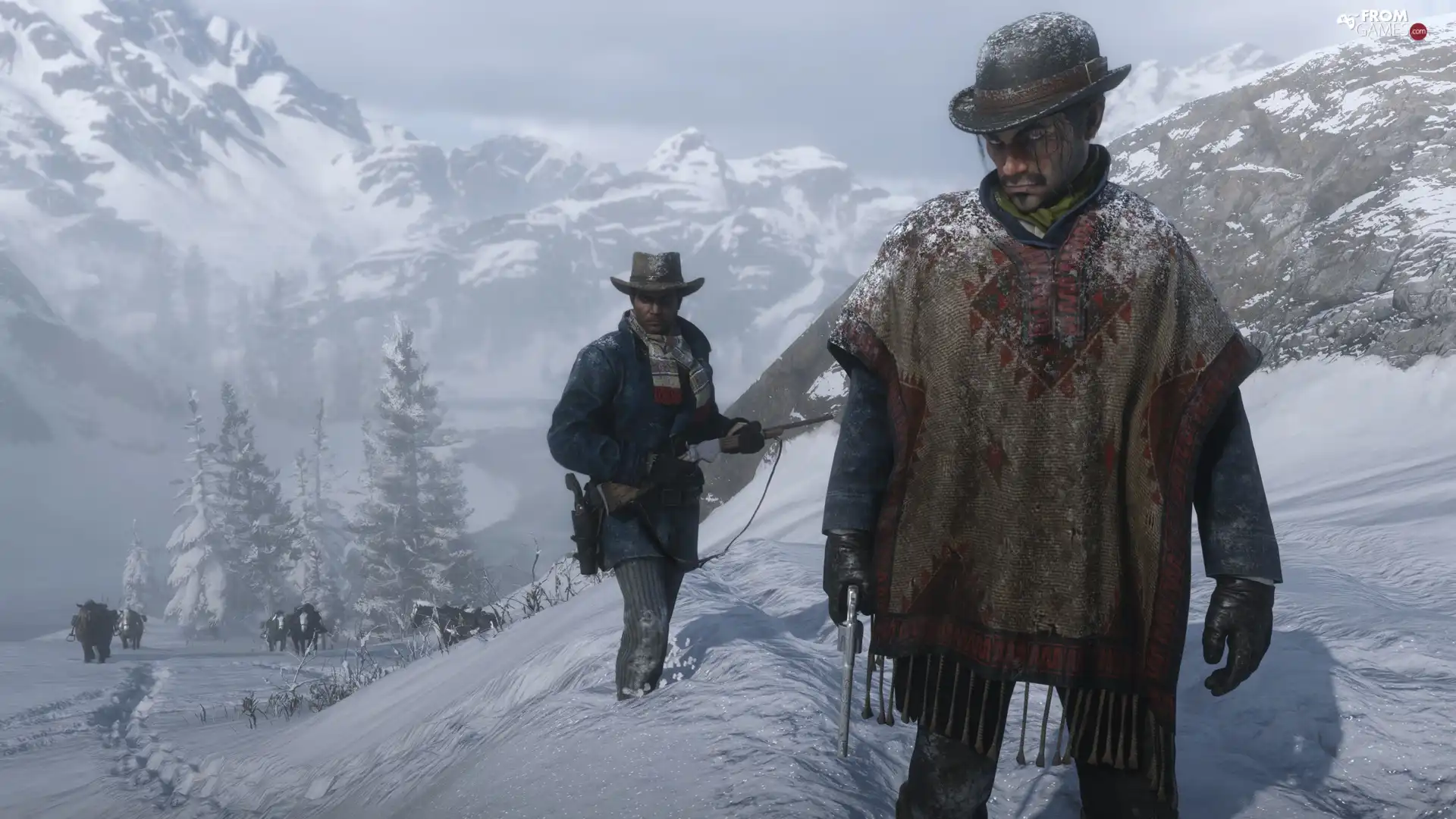men, Mountains, Red Dead Redemption 2, winter, game