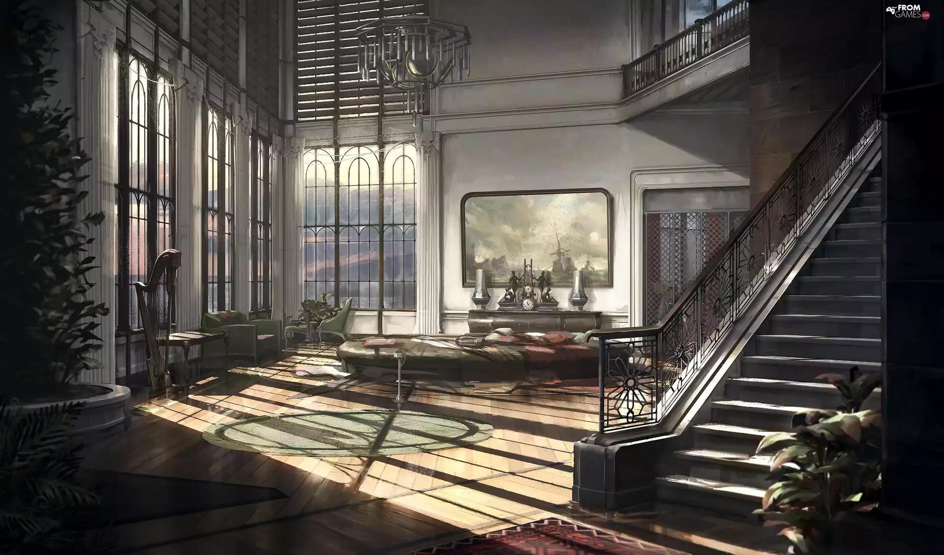 saloon, game, Windows, interior, Stairs, Dishonored 2