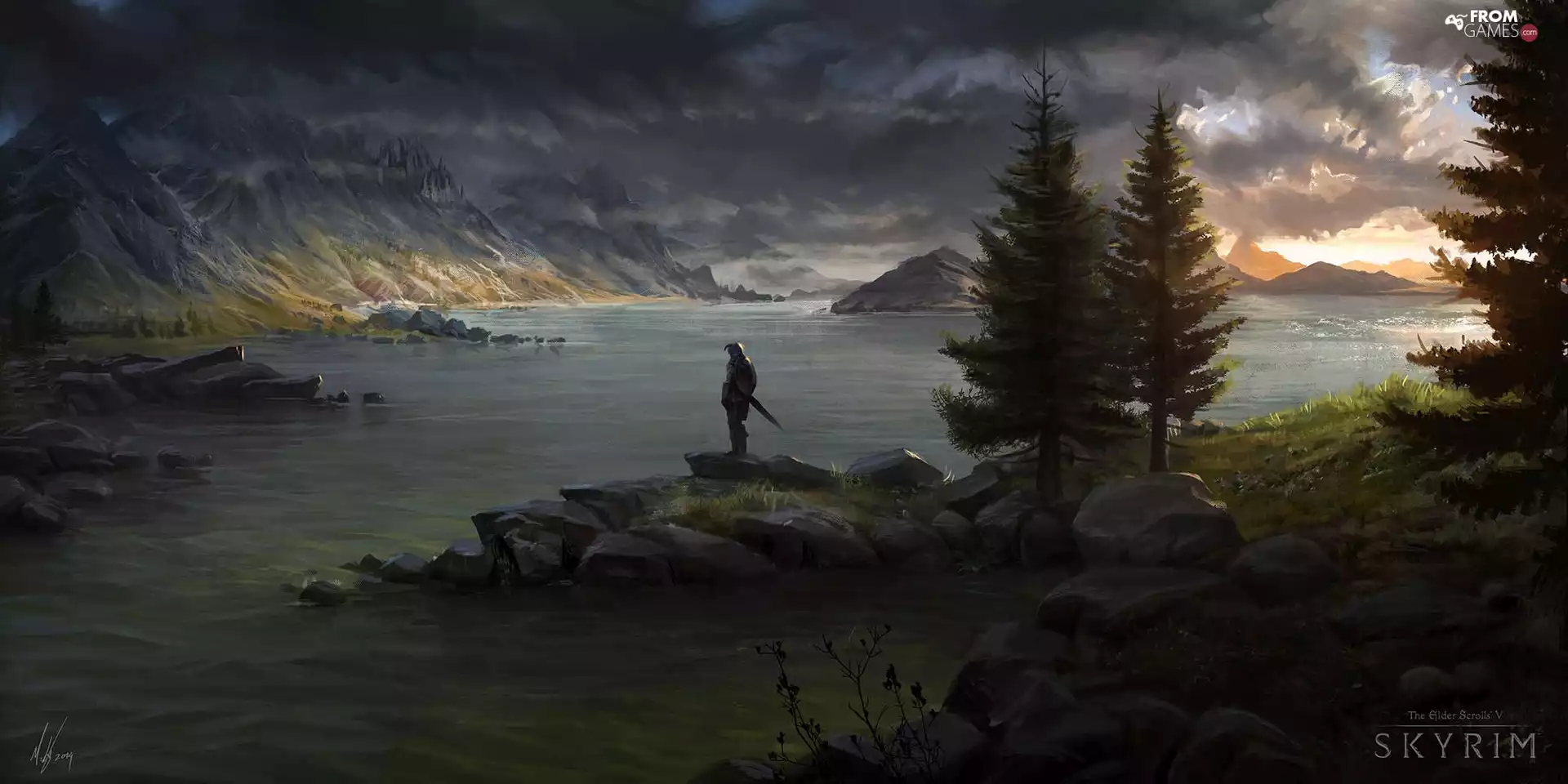 sea, Skyrim, viewes, Knight, trees, Mountains