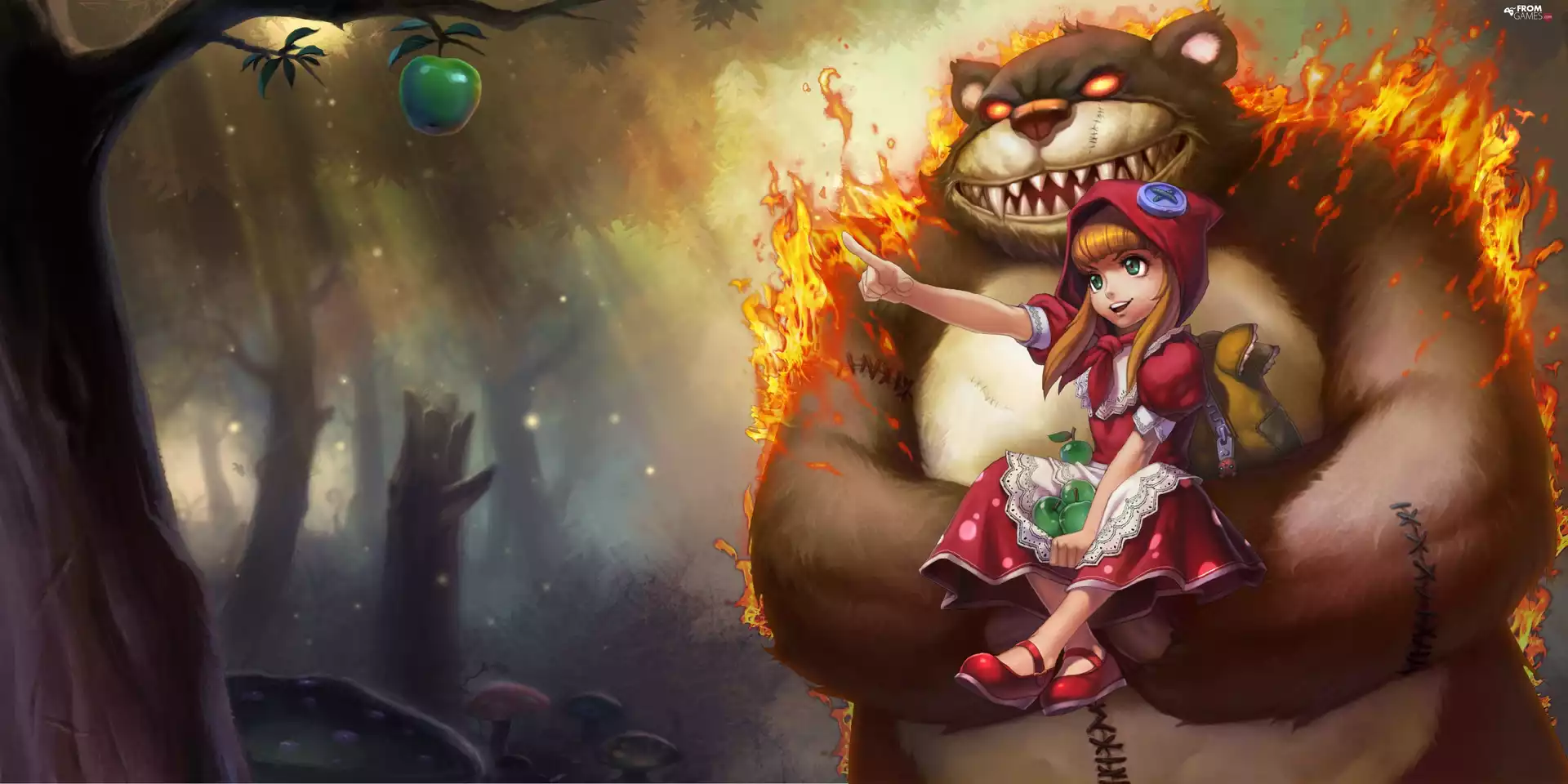 green ones, apples, girl, teddybear, League Of Legends