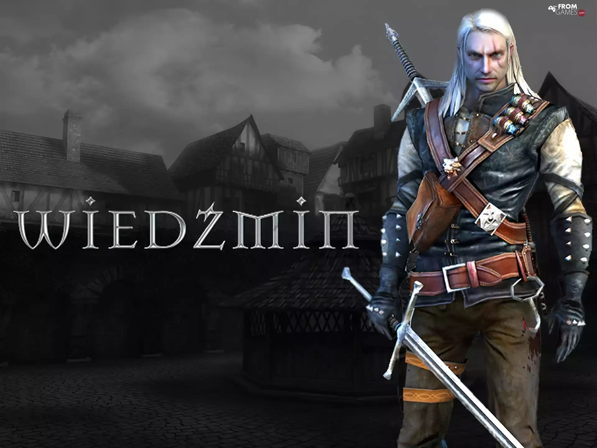 the witcher, a man, sword, village