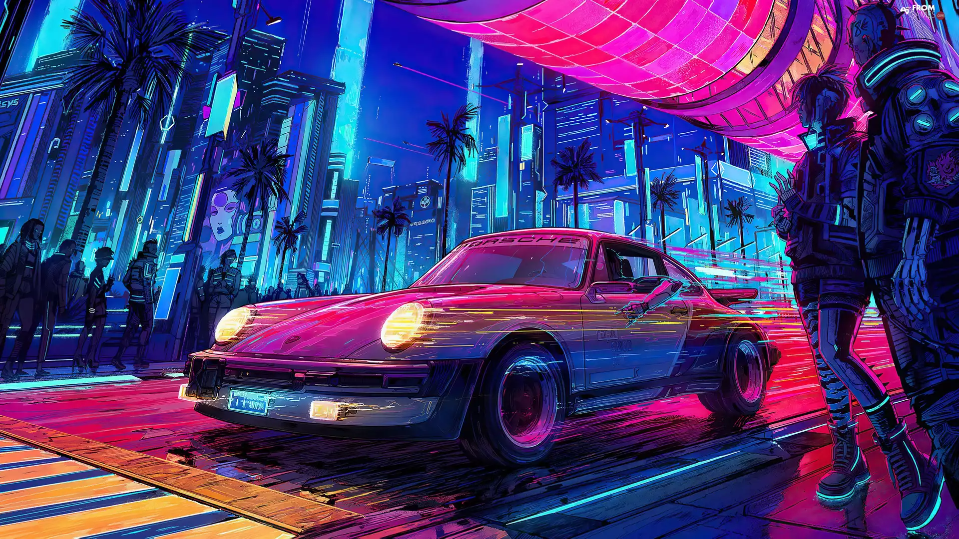 Porsche, game, Street, neon, People, Cyberpunk 2077