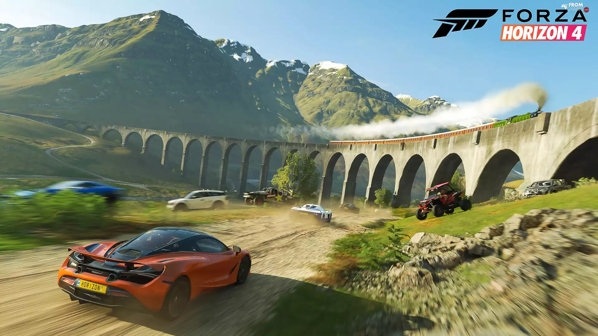 Orange, Forza Horizon 4, overpass, McLaren, game, Mountains, Train