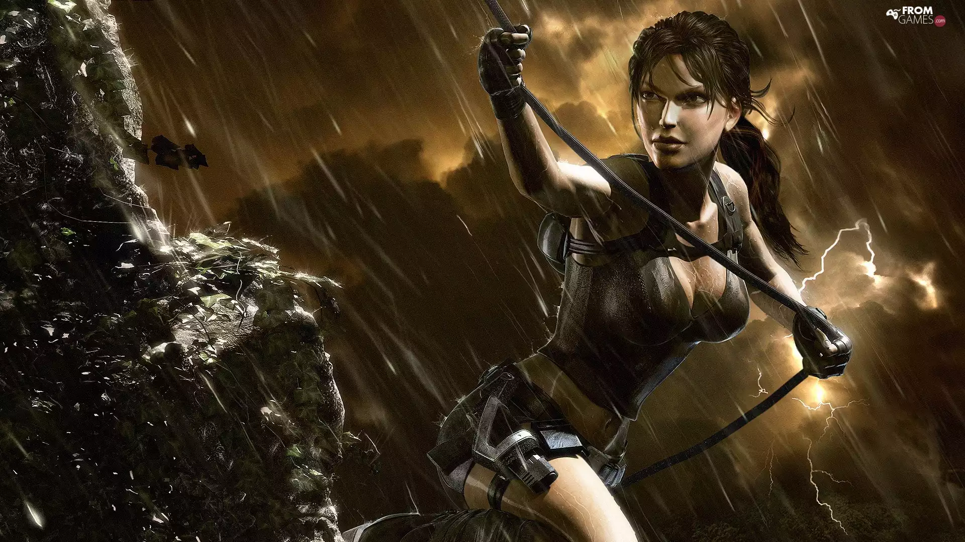 Lara Croft, Rain, rocks, Tomb Raider
