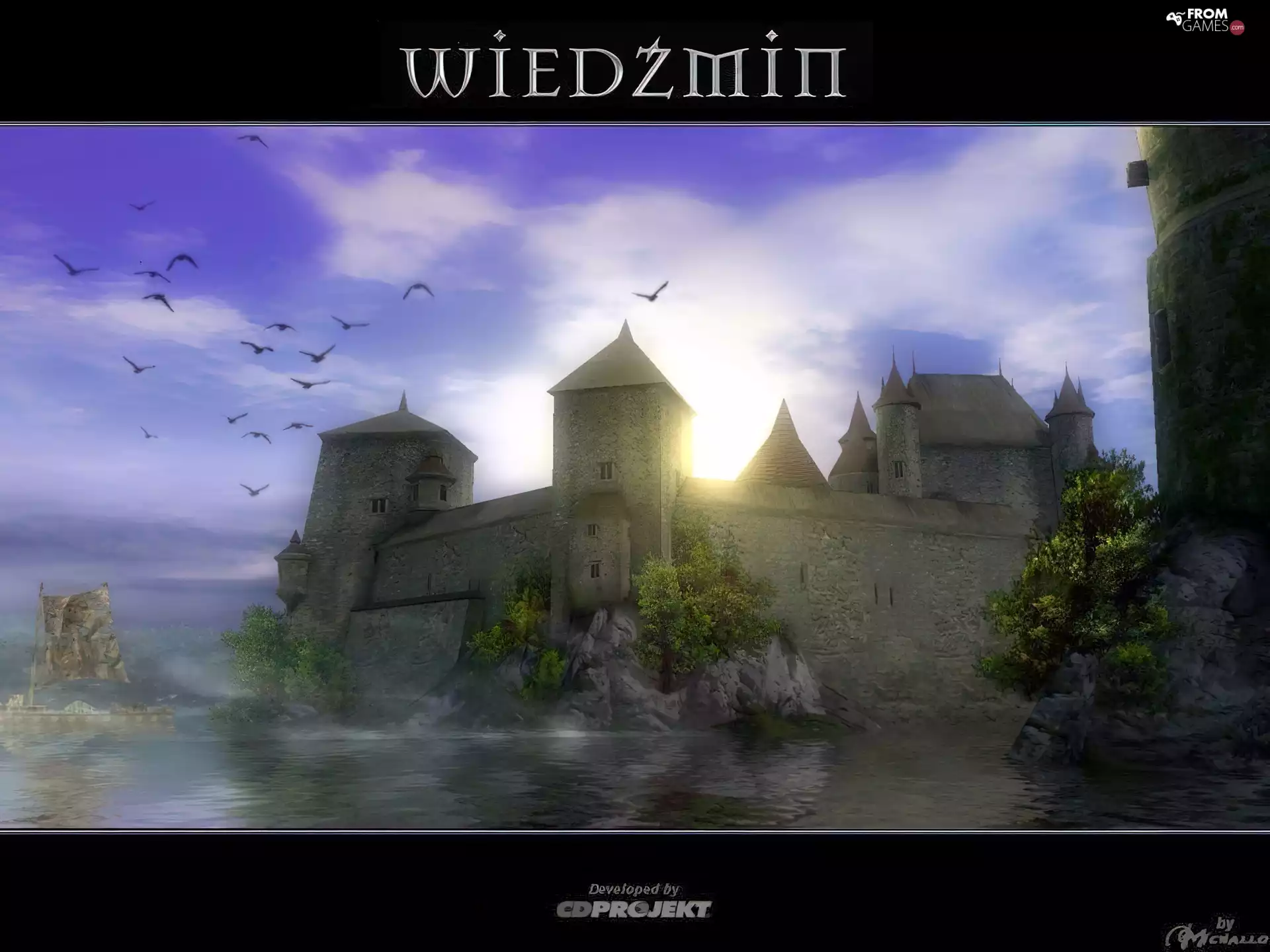 Ship, the witcher, sea, birds, fortress