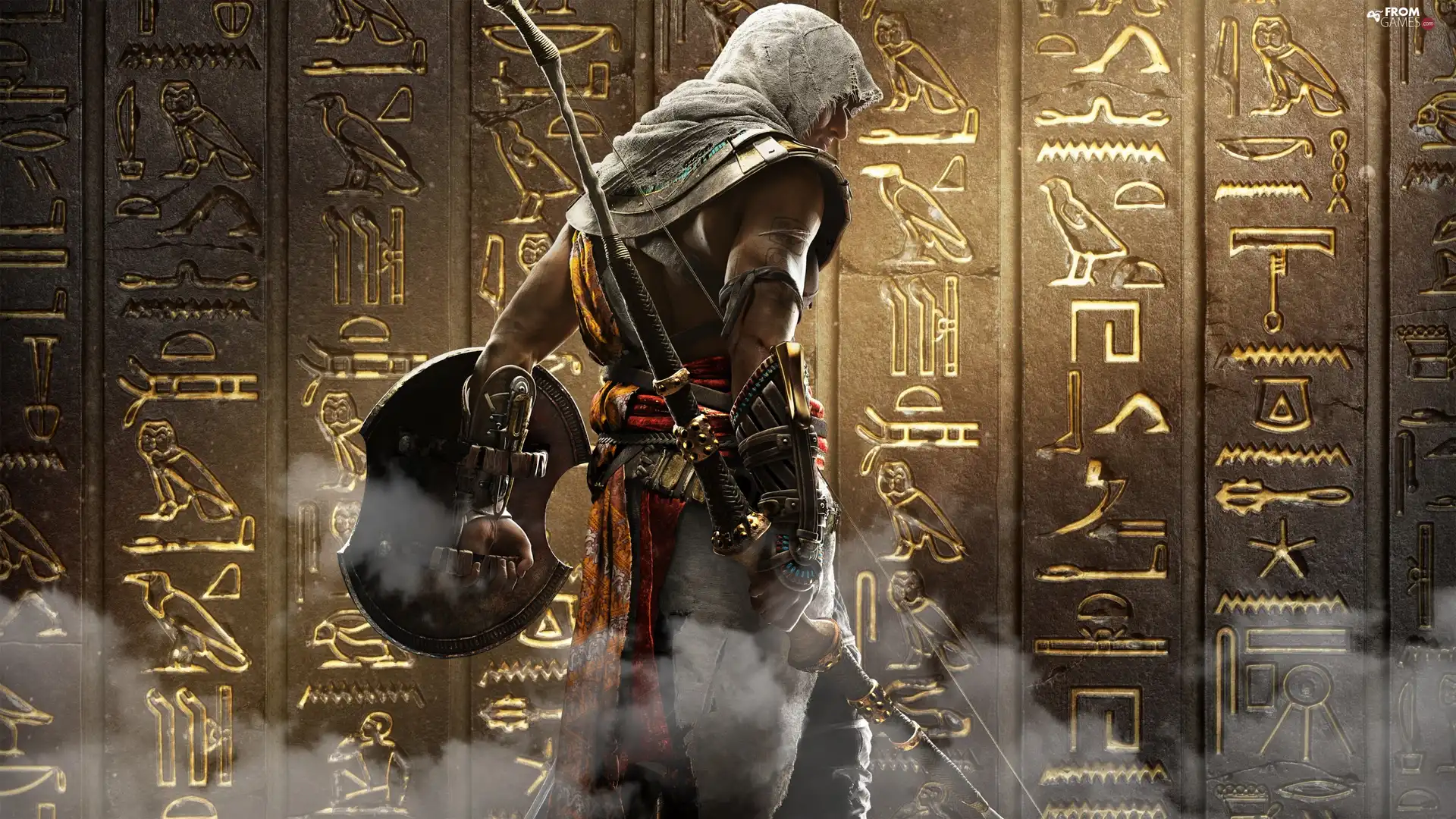 Shield, Assassins Creed Origins, wall, Bayek, game, Bow, Hieroglyphics