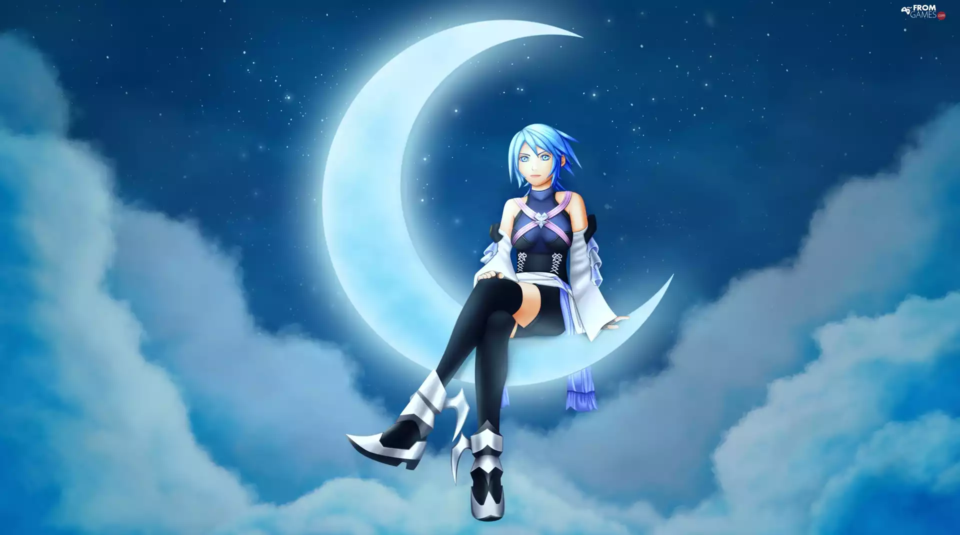 girl, Aqua, Night, moon, clouds, Kingdom Hearts Birth by Sleep, game, Sky