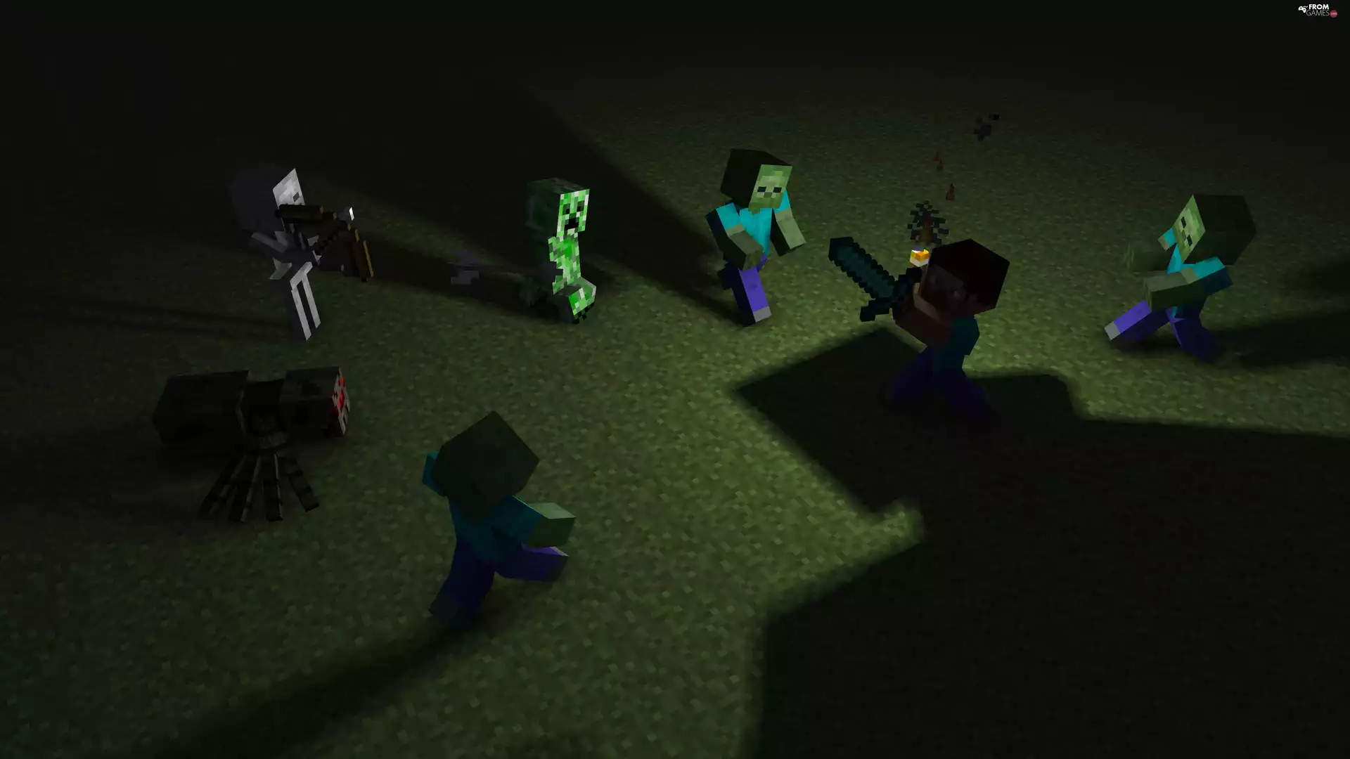 Night, Creeper, zombie, Steve, Minecraft, skeleton, Spider