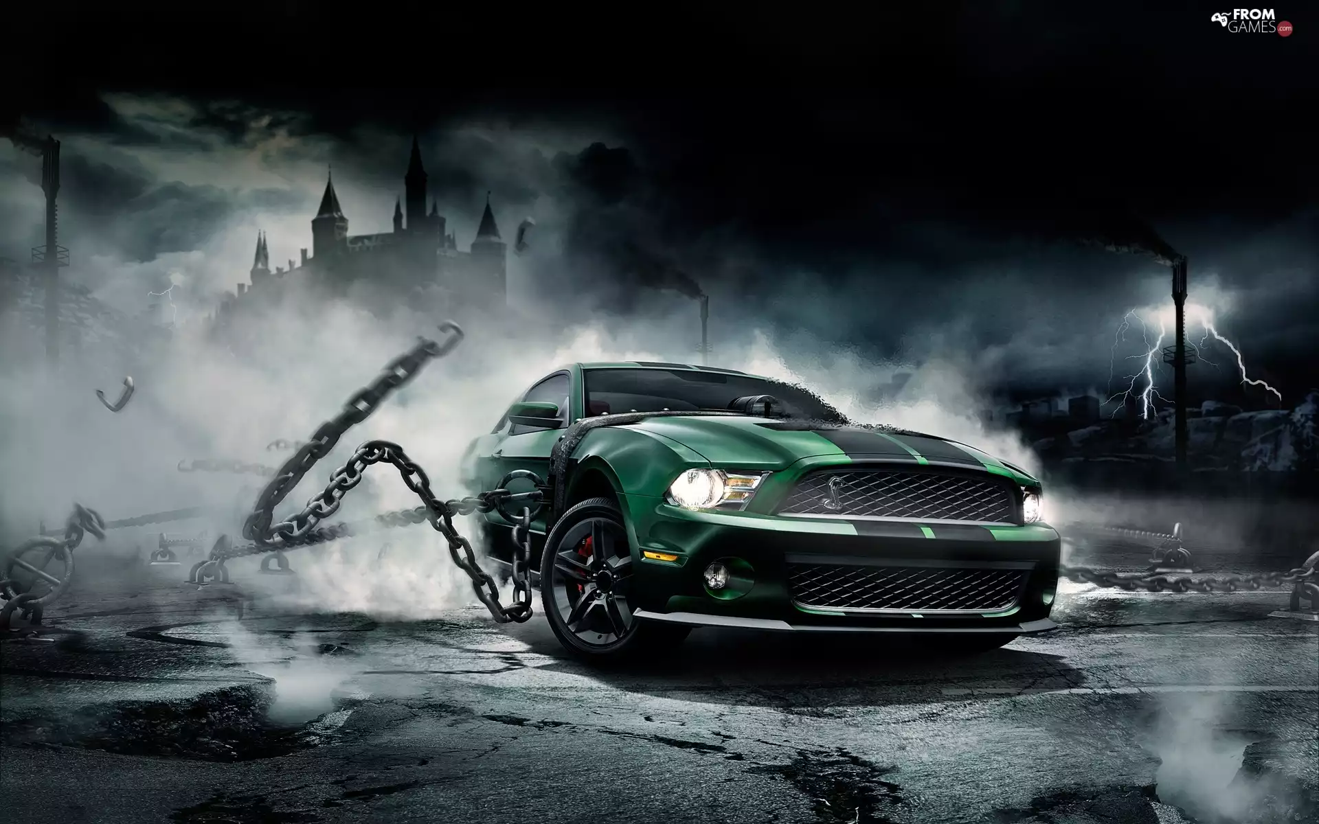 Night, strings, Mustang, Green, Ford
