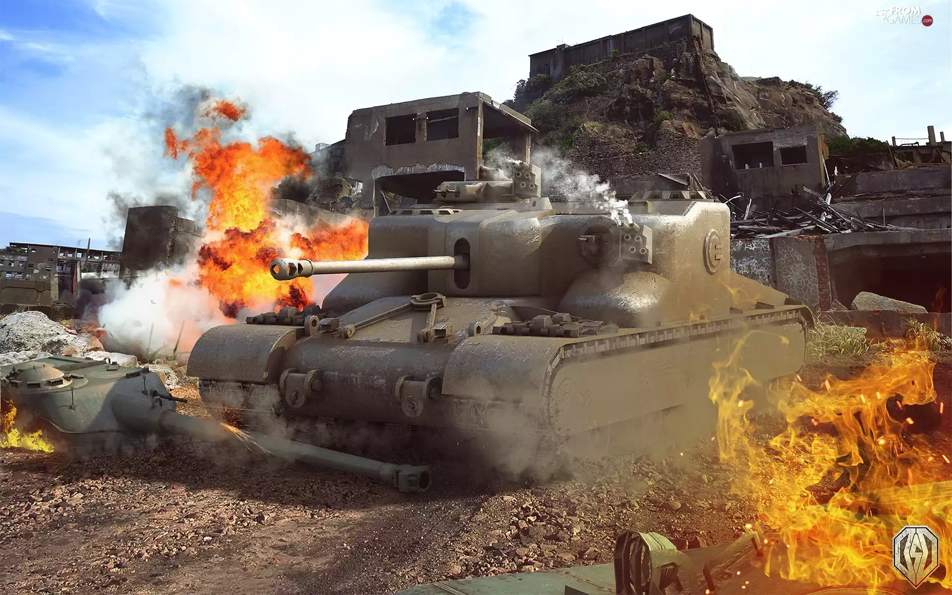 tank, game, Bunkers, Big Fire, ruins, World Of Tanks