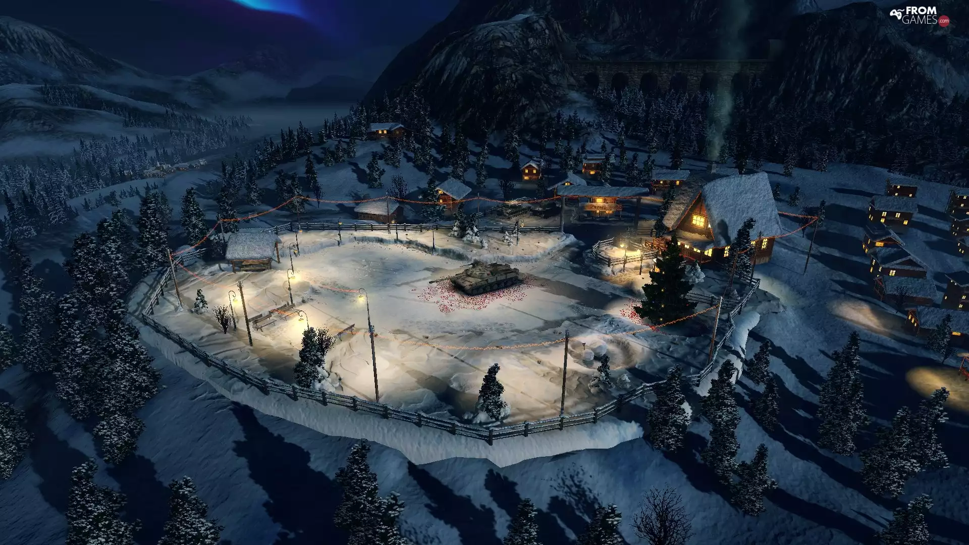Mountains, game, Houses, tank, winter, World Of Tanks