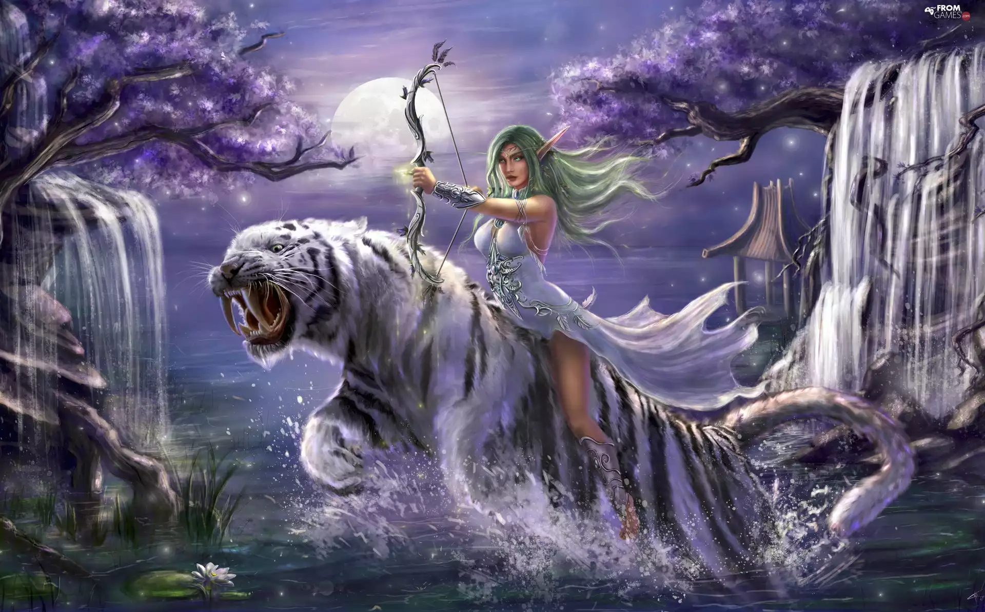 Tyrande Whisperwind, elf, game, Priestess, tiger, waterfall, World of Warcraft