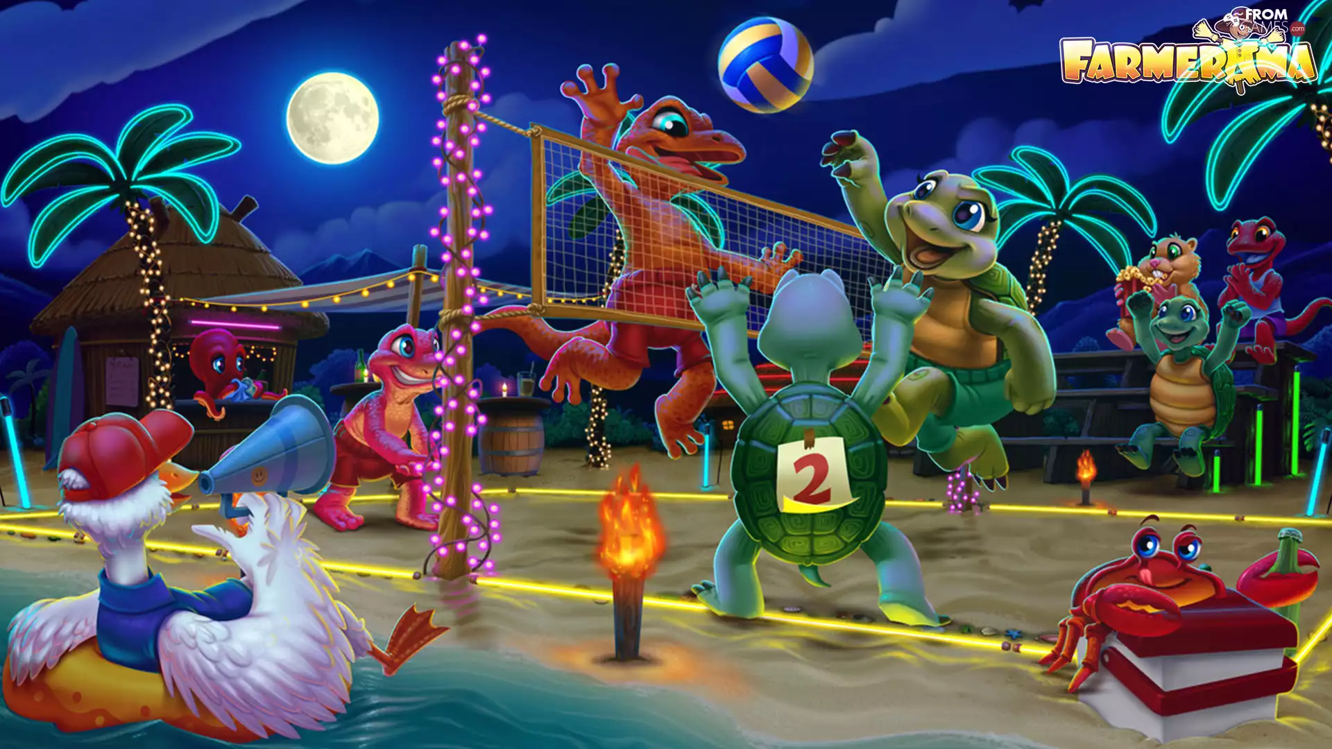 volley-ball, Turtles, play, moon, light, Farmerama, game, Palms