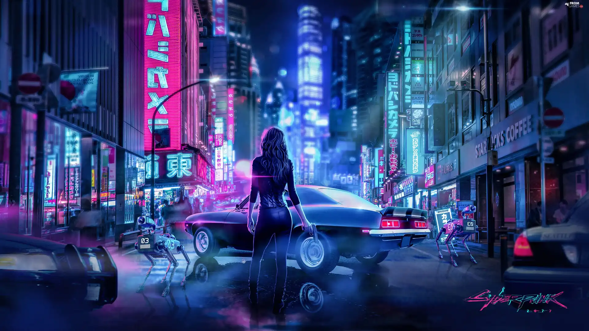 Women, Weapons, Night, Town, works, Cyberpunk 2077, game, cars
