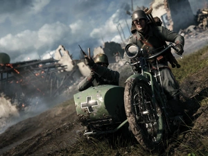 ruins, soldiers, Battlefield 1, motor-bike, game