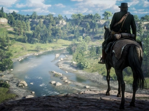 Red Dead Redemption 2, game, rider, cowboy, River, Valley, Horse, Rocks, Arthur Morgan