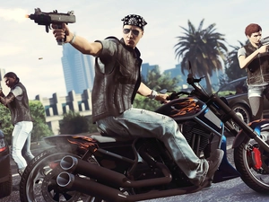 GTA 5, motor-bike, cars, men, Fight, Grand Theft Auto 5, game, Weapons