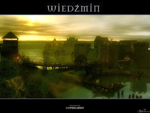 bridge, the witcher, clouds, sun, lake, village