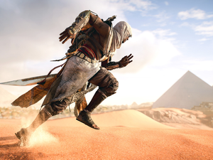 Bayek, Pyramids, Assassins Creed Origins, running, game