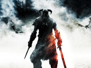 Dovahkiin, The Elder Scrolls, fighter, Dragon, Black and white, Skyrim