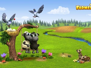 game, Farmerama, sheep, birds, nest, stream, Meadow, trees, mouse