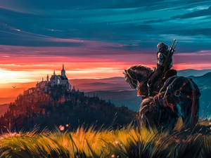 Castle, The Witcher, Horse, rider, graphics
