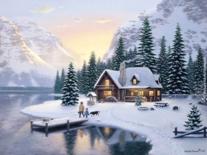 lake, winter, painting, Richard Burns Rally, view, house