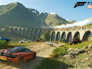 Orange, Forza Horizon 4, overpass, McLaren, game, Mountains, Train