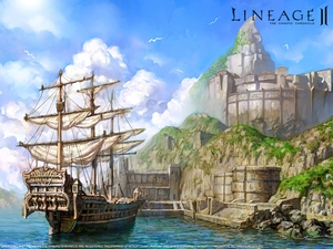 Town, sea, Ship, sailing vessel, Lineage 2