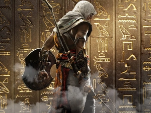 Shield, Assassins Creed Origins, wall, Bayek, game, Bow, Hieroglyphics