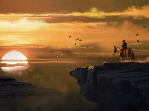Red Dead Redemption, game, rocks, cowboy, sun, graphics, birds, Fog, Horse