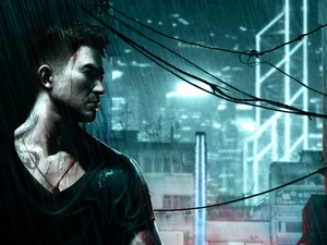 Sleeping Dogs, Rain, Town, a man