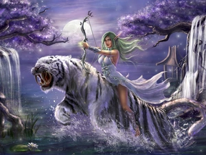 Tyrande Whisperwind, elf, game, Priestess, tiger, waterfall, World of Warcraft