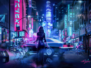 Women, Weapons, Night, Town, works, Cyberpunk 2077, game, cars
